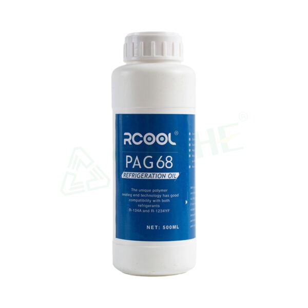 White bottle of RCOOL PAG68 refrigerant oil with blue label for HVAC systems, 500ml capacity, suitable for refrigeration and air conditioning.